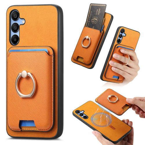 Samsung Galaxy A16 5G Retro Cross Leather Ring Vertical Insert Card Bag MagSafe Phone Case - Yellow
